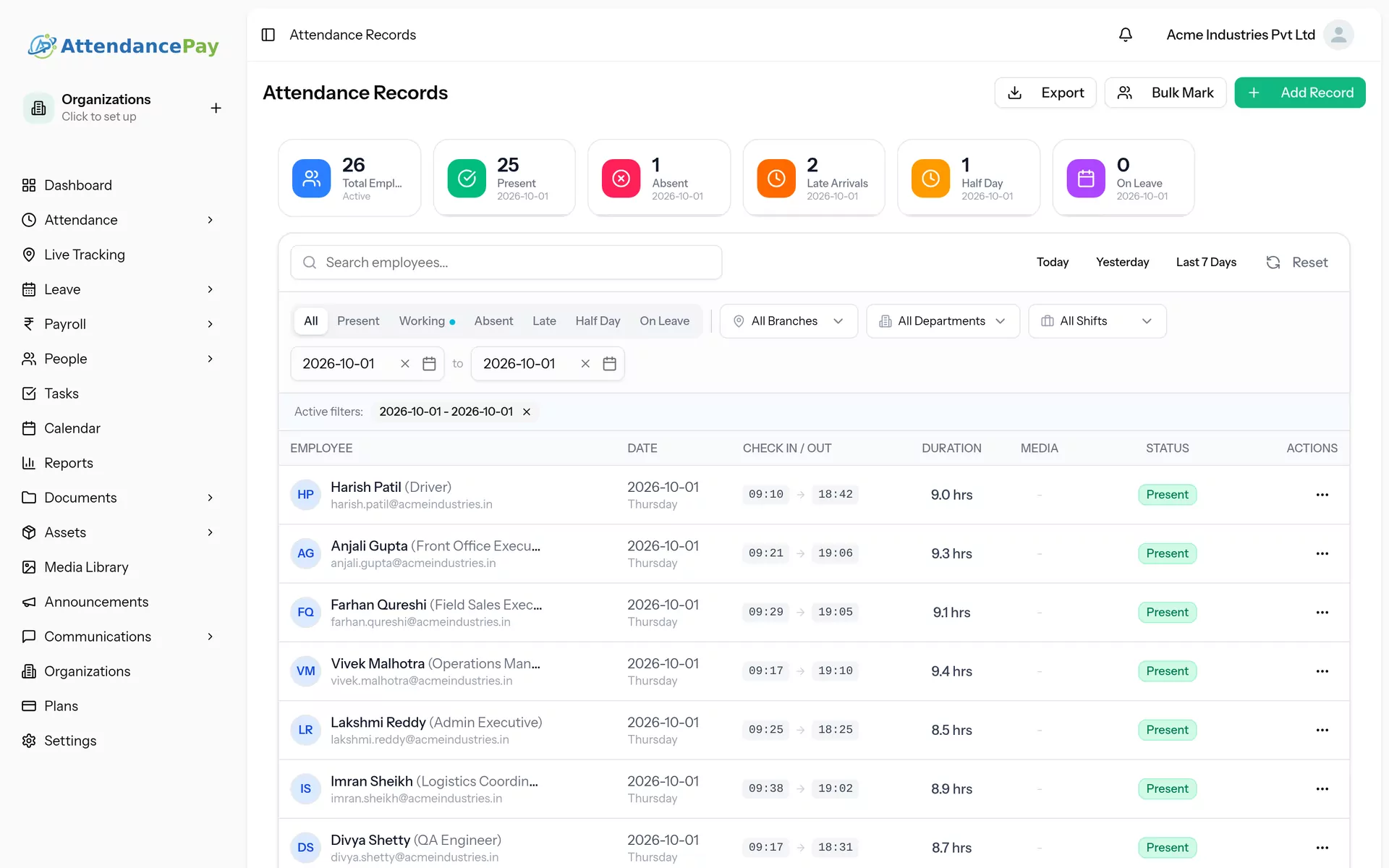 Attendance screen in AttendancePay (demo company data)