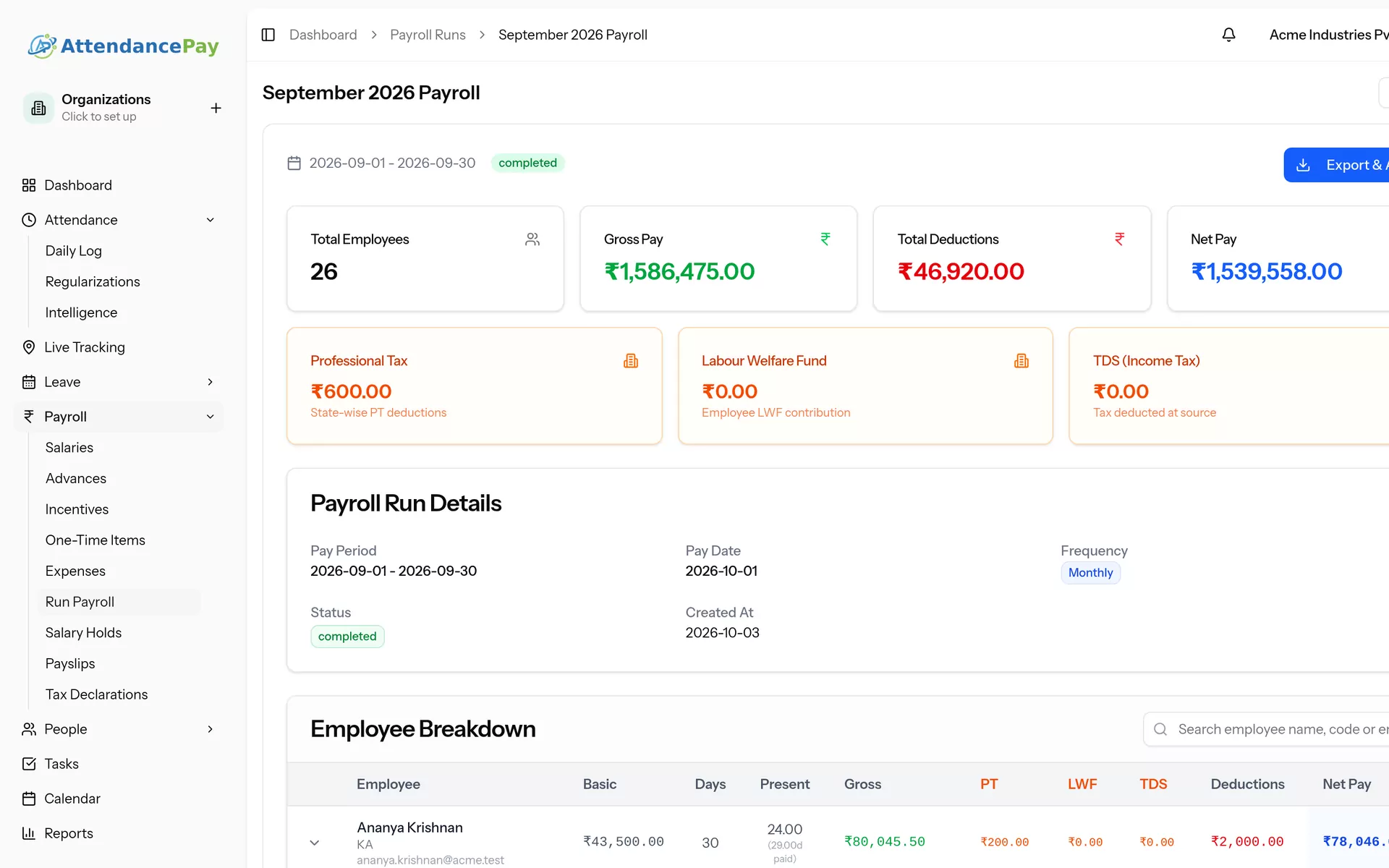 Payroll screen in AttendancePay (demo company data)